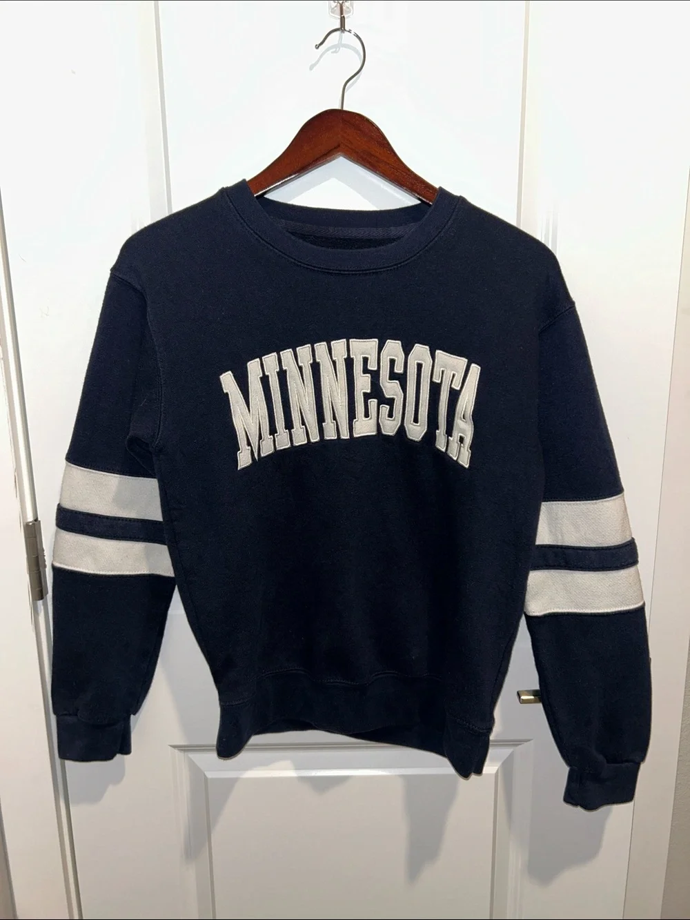 Unisex Minnesota Navy Crewneck Sweatshirt with White Sleeve Stripes